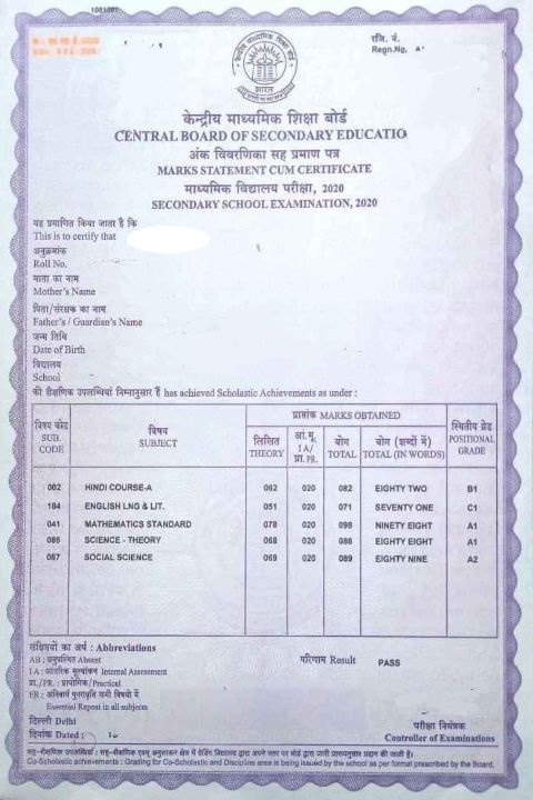 CBSE Marksheet Format