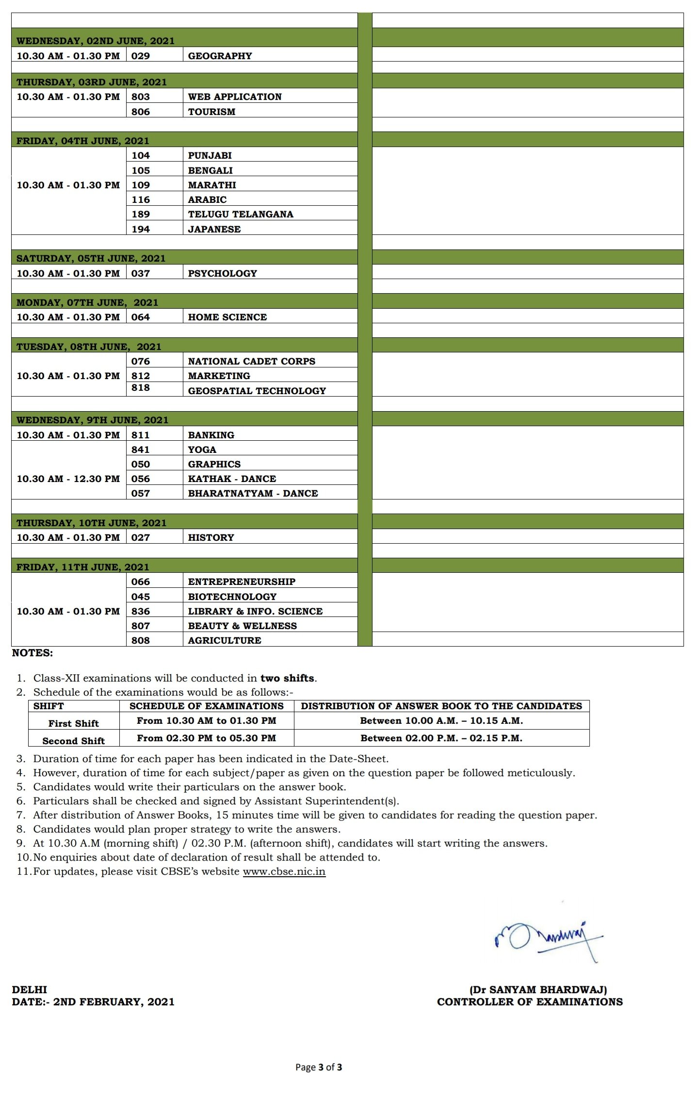 CBSE Datesheet 2021